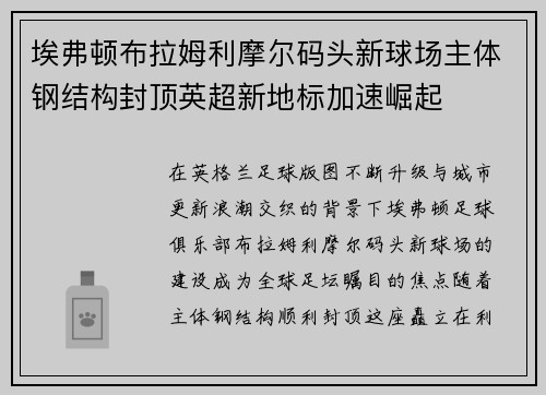 埃弗顿布拉姆利摩尔码头新球场主体钢结构封顶英超新地标加速崛起 埃弗顿布拉姆利摩尔码头新球场主体钢结构封顶英超新地标加速崛起