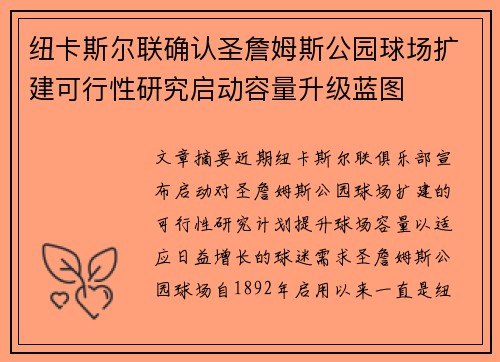 纽卡斯尔联确认圣詹姆斯公园球场扩建可行性研究启动容量升级蓝图 纽卡斯尔联确认圣詹姆斯公园球场扩建可行性研究启动容量升级蓝图
